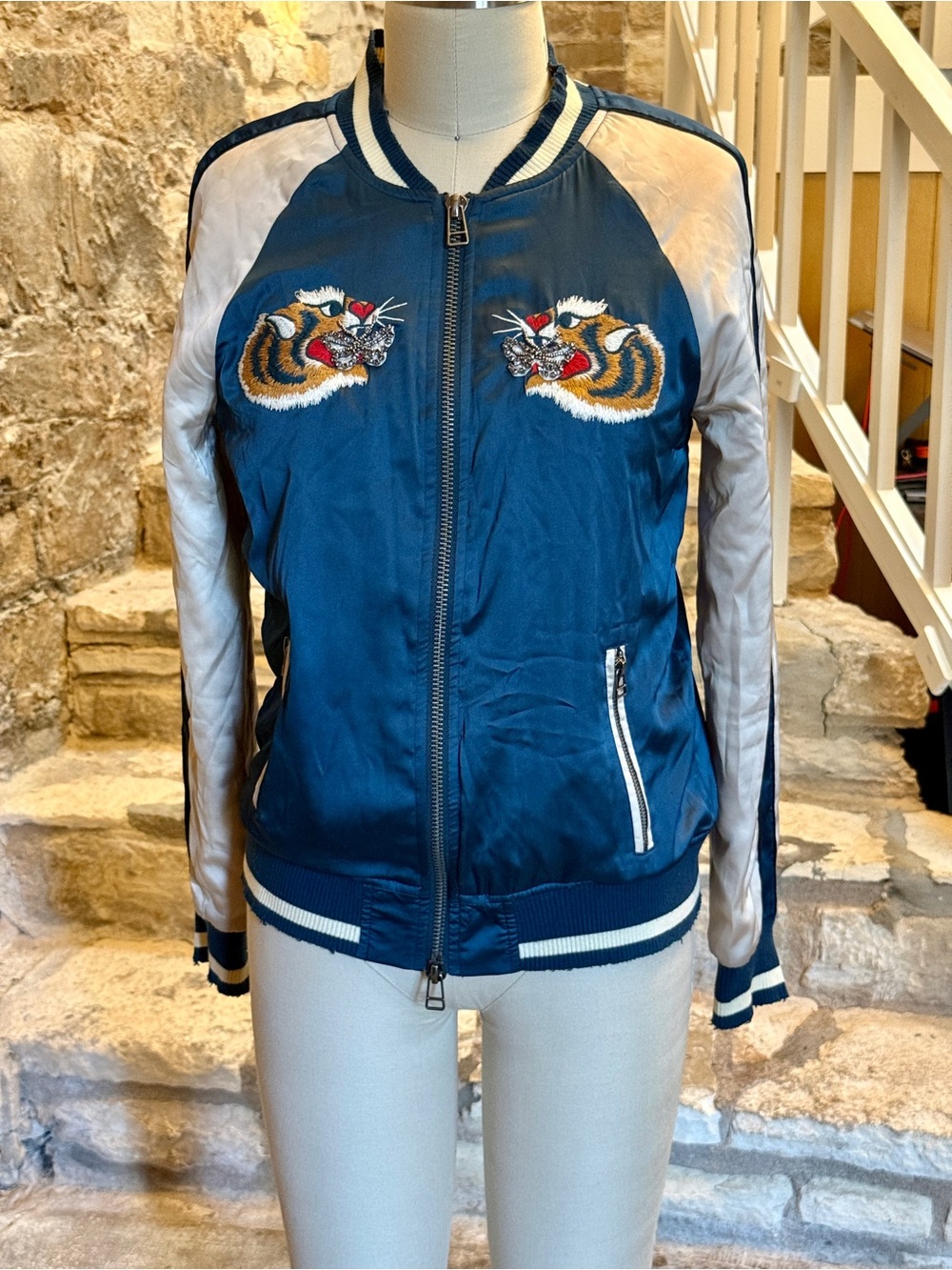 Pam & Gela Teal Embroidered Bomber Jacket with Cream Sleeves ,Tigers & Rainbow